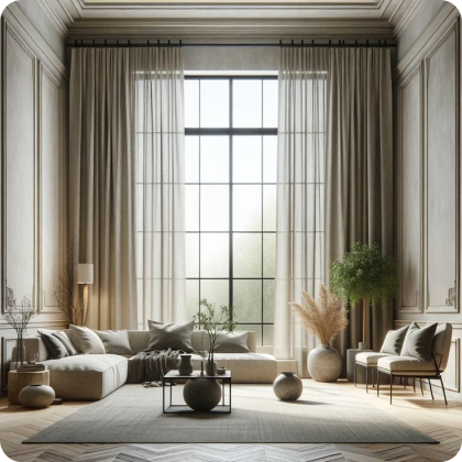 A tall room glows with sunlight through floor-to-ceiling white sheer curtains.