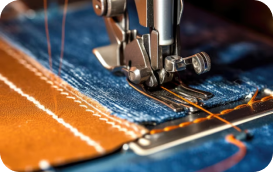 A sewing machine stitches orange thread on blue denim over brown fabric.